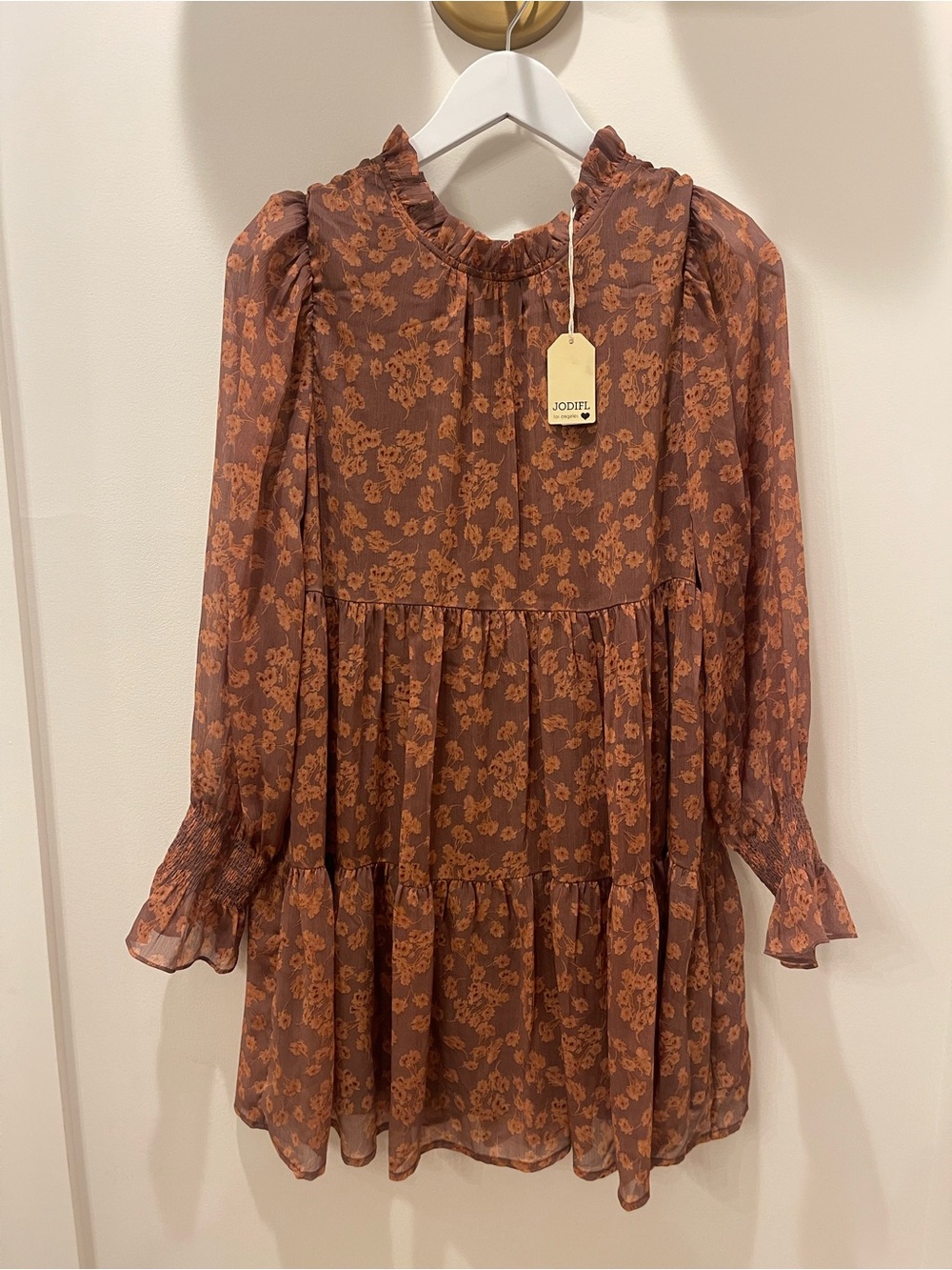 JODIFL Rust Brown Floral Tiered Long-Sleeve Dress